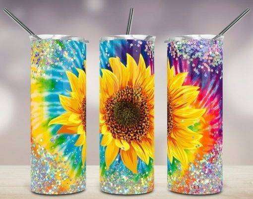 Sunflower Tie Dye Rainbow Glitter Tumbler